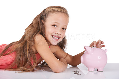 Buy stock photo Girl child, piggy bank and coins for portrait, studio and pride with smile for investing by white background. Kid, container or animal toys with relax for money, cash or happy for financial education