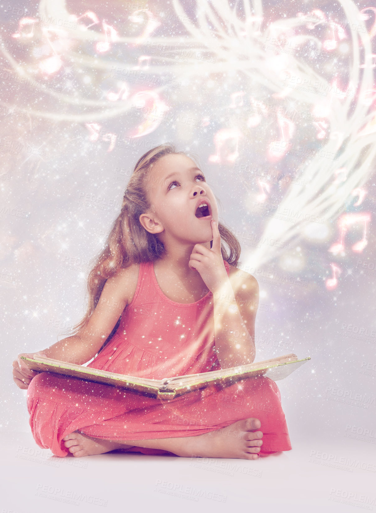 Buy stock photo Child, book and magic fantasy or creativity for music listen or storytelling dream, sound or imagination. Female person, kid and whimsical notes or white background in studio, supernatural or mockup