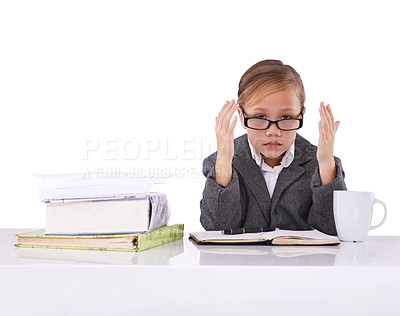 Buy stock photo Child, portrait and business career or stress dress up for future worker or desk, notebook or white background. Female person, face and kid goals burnout games for grownup dream, studio or mockup