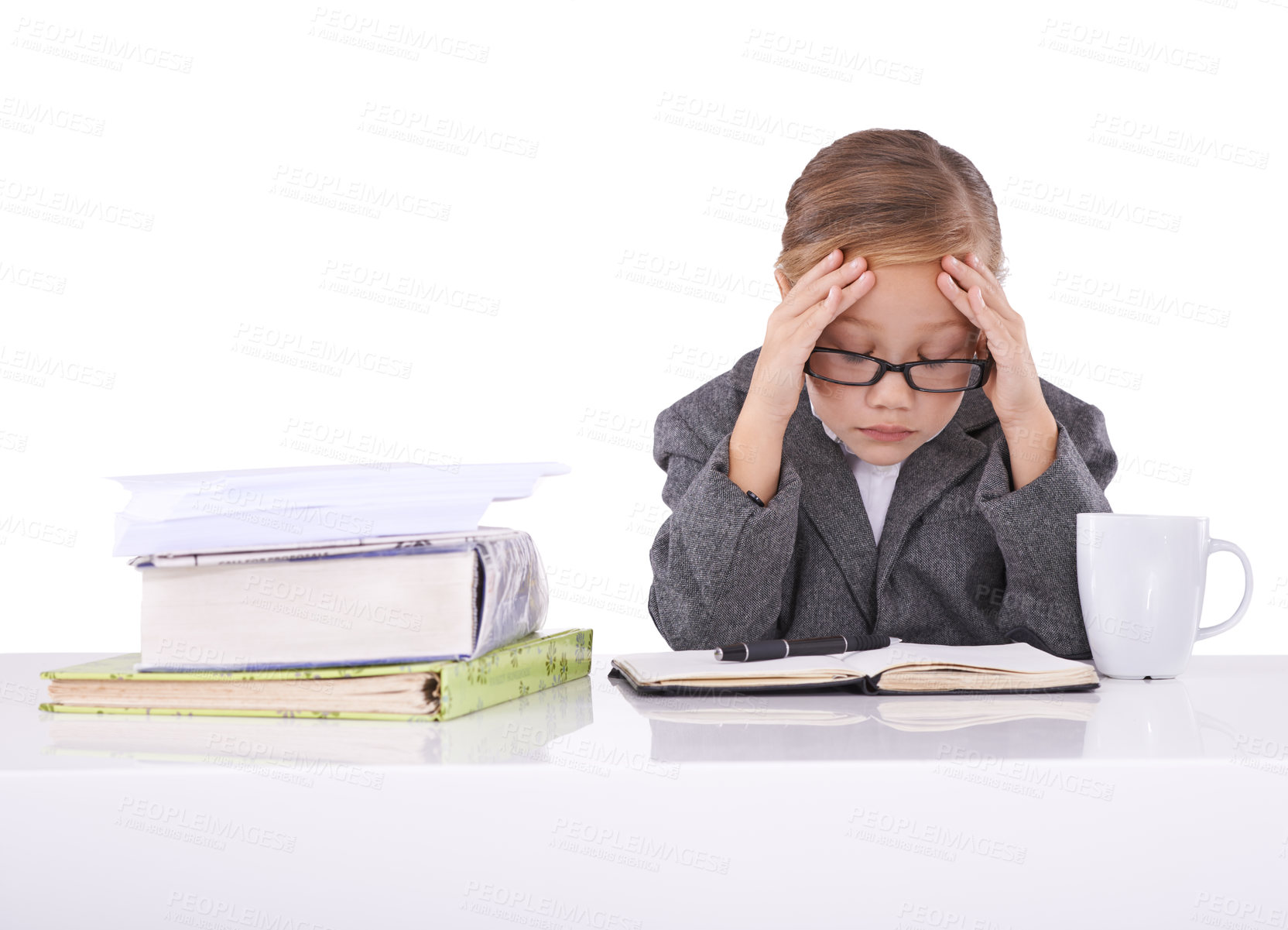 Buy stock photo Child, work and suit for future job or career stress at desk or professional, notebook or white background. Girl, tired and frustrated in studio or research burnout dress up, employment or mockup