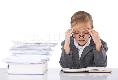 Buy stock photo Child, suit and stress at desk job or corporate paperwork on white background or research, planning or problem solving. Girl, career and headache as book professional receptionist, mockup or studio