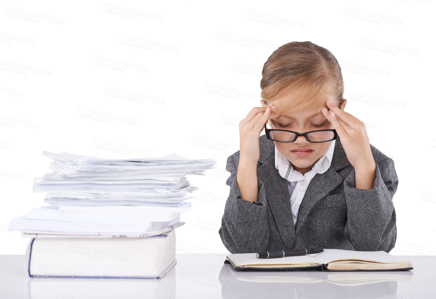 Buy stock photo Child, suit and stress at desk job or corporate paperwork on white background or research, planning or problem solving. Girl, career and headache as book professional receptionist, mockup or studio