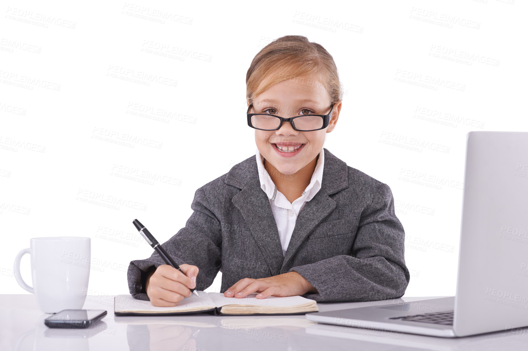 Buy stock photo Business, notebook and child planning in portrait, ideas and planning agenda in studio. Happy female professional, pretend employee and journal for strategy, information and diary on white background