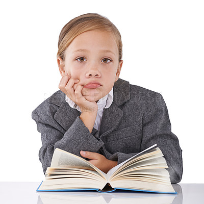 Buy stock photo Girl, child and reading book for knowledge in portrait, learning and fiction novel on white background. Female person, studio and info for imagination development, education and studying literacy