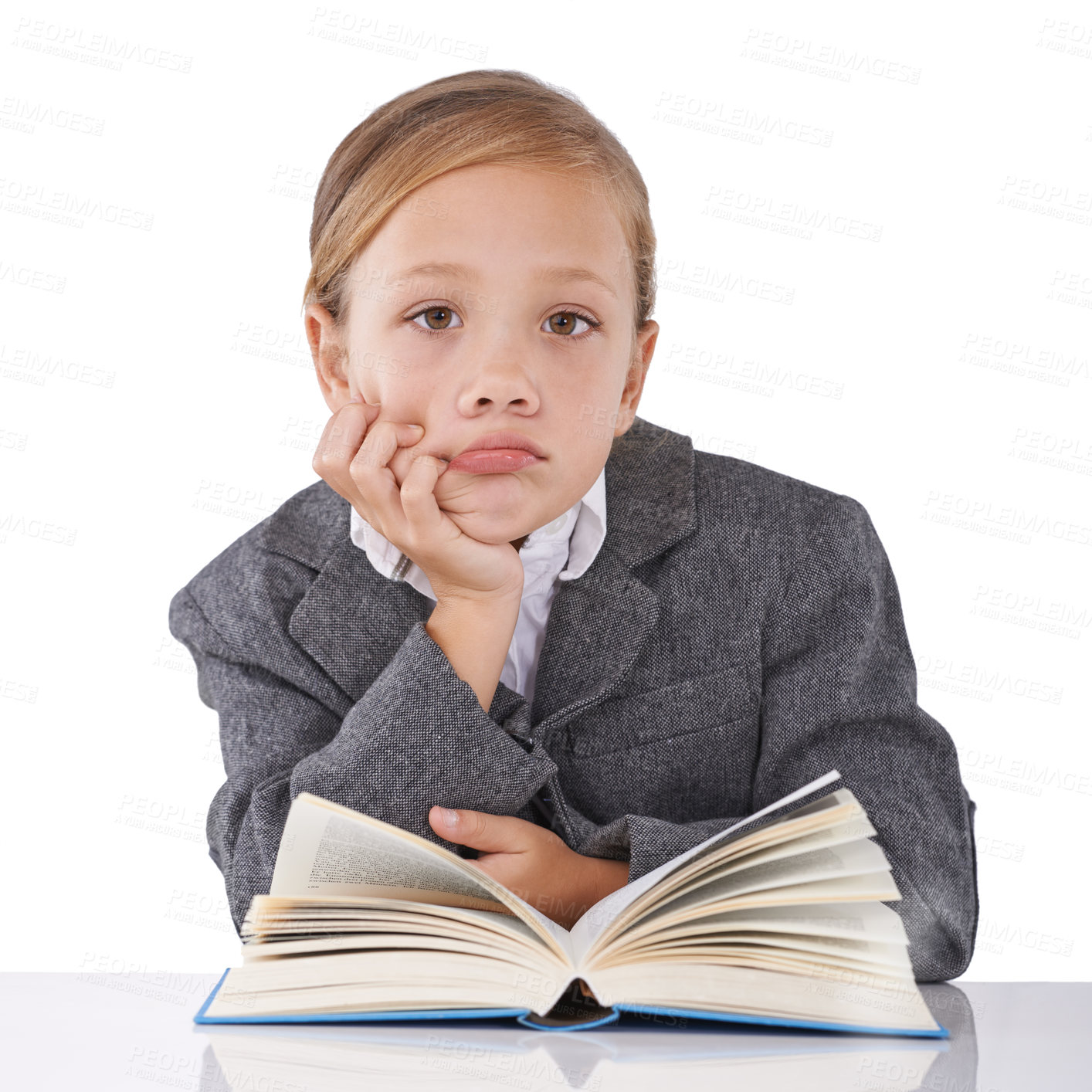 Buy stock photo Girl, child and reading book for knowledge in portrait, learning and fiction novel on white background. Female person, studio and info for imagination development, education and studying literacy