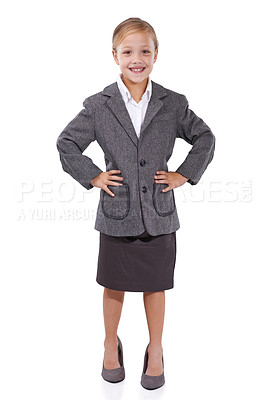 Buy stock photo Business, kid and confidence in studio portrait, pretend employee and playing corporate game. Female person, girl and professional in career on white background, entrepreneur and happy for startup