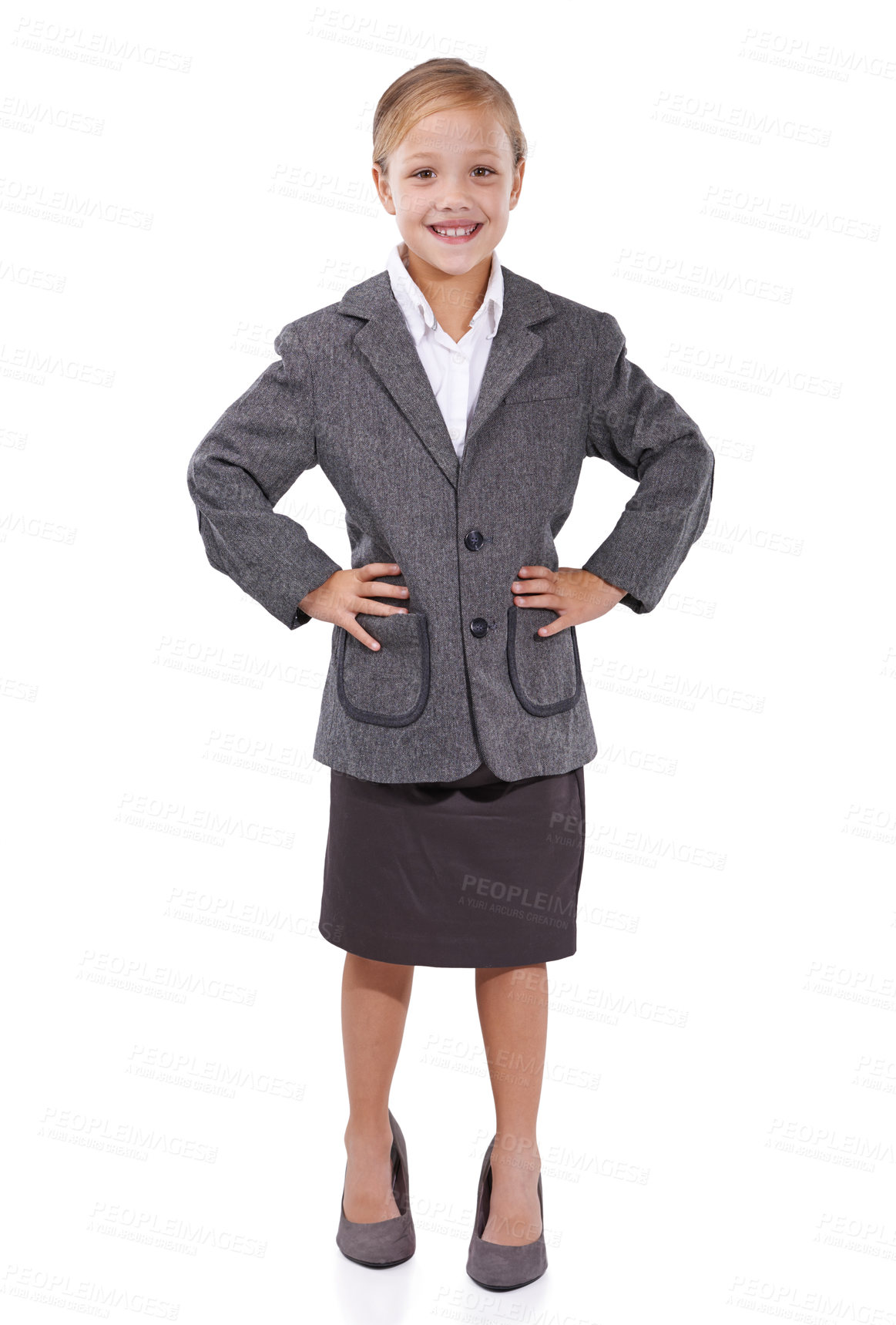 Buy stock photo Business, kid and confidence in studio portrait, pretend employee and playing corporate game. Female person, girl and professional in career on white background, entrepreneur and happy for startup