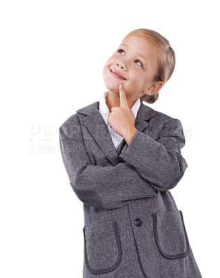 Buy stock photo Business professional, child and thinking on ideas in studio, question and contemplating solution or plan. Female person, pretend employee and playing game on white background, opportunity and wonder