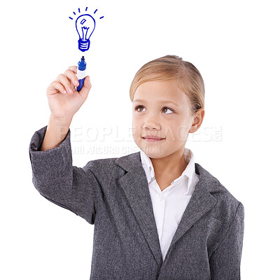 Buy stock photo Child, drawing and light bulb for idea for future career in suit or problem solving, thinking or business. Female person, pen and thoughts for job or white background in studio, inspiration or mockup