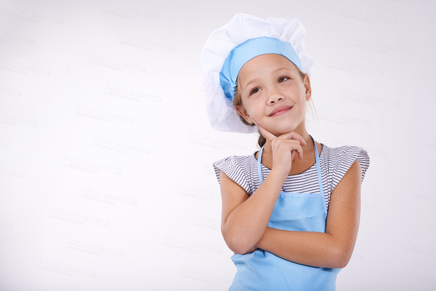 Buy stock photo Kid, chef and thinking of food, idea and menu for child development on white background. Culinary skills, young and ready to cook and childhood growth with mockup for hospitality industry future