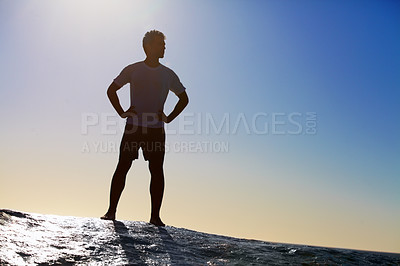 Buy stock photo Man, horizon and sky with hiking in nature for adventure and fitness, mockup space and travel. View while trekking, journey and hiker outdoor with environment, sunrise color and exercise on mountain