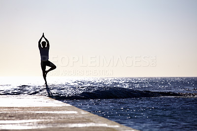 Buy stock photo Man, silhouette and yoga in meditation on ocean at beach for spiritual wellness, inner peace or mental wellbeing space. Male yogi in tree pose for balance, healthy body or mindfulness on sea mockup