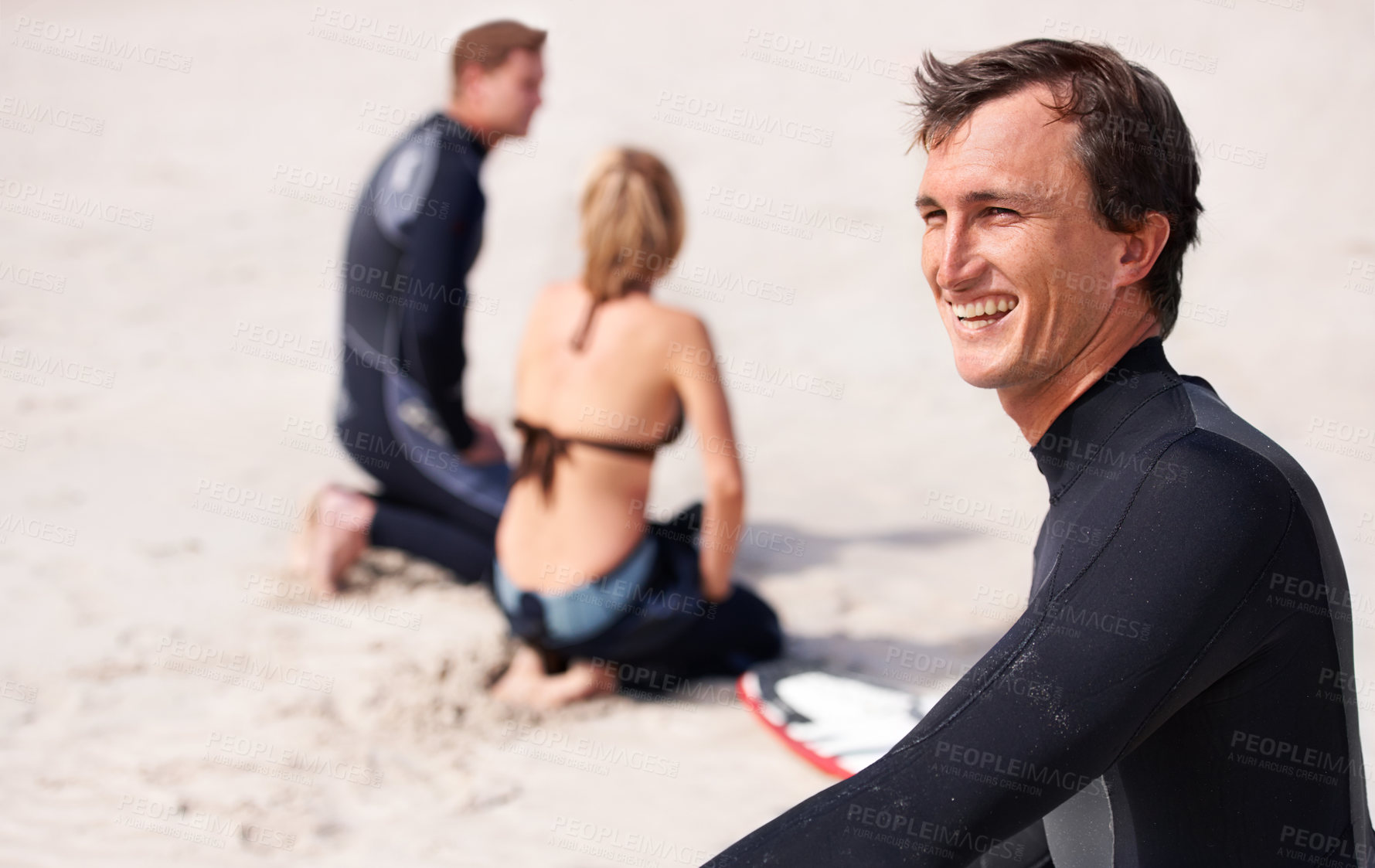 Buy stock photo Smile, vision and surfer at beach for sports, fitness or holiday on summer vacation in wetsuit. Nature, earth or sand and happy young person with surfboard for exercise, health or training outdoor