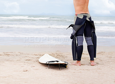 Buy stock photo Beach, body or ready to start surfing with surfboard on vacation or adventure for fitness or travel. Back view of athlete, swimwear or man at seaside on holiday in Hawaii or ocean in extreme sports