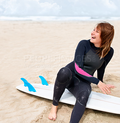 Buy stock photo Surfer, woman and happy on beach with surfboard, vacation and adventure for fitness and travel. Ocean, waves for surfing and seaside holiday in Hawaii, nature and tourism with extreme sports