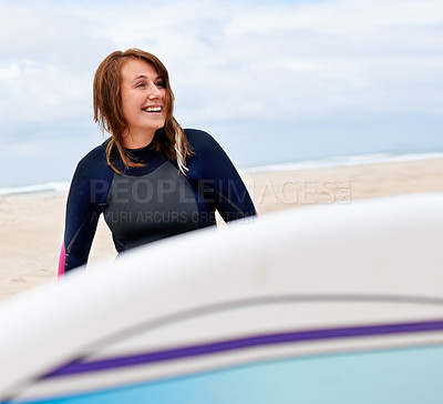 Buy stock photo Beach, laughing or happy woman with surfboard to relax on vacation or adventure for fitness or travel. Smile, nature or surfer at sea on holiday in Hawaii or ocean for wellness or extreme sports 