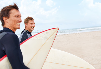 Buy stock photo Surfboard, happy or friends waiting at beach on holiday on vacation or adventure for fitness or travel. Ready, people or surfers at sea on holiday in ocean in Hawaii for wellness or extreme sports