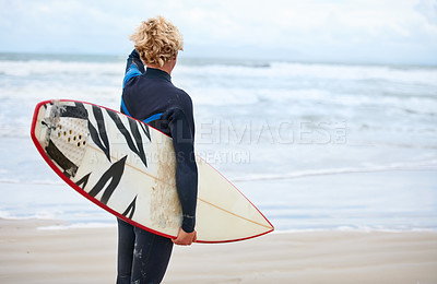 Buy stock photo Surfer, man and back view on beach with surfboard, vacation and adventure for fitness and travel. Ocean, waves for surfing and seaside holiday in Hawaii, nature and tourism with extreme sports