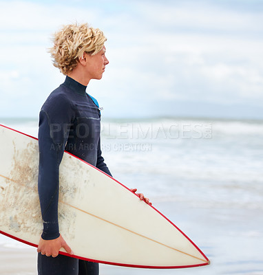 Buy stock photo Surfer, man and sea view on beach with surfboard, vacation and adventure for fitness and travel. Ocean, waves for surfing and seaside holiday in Hawaii, nature and tourism with extreme sports