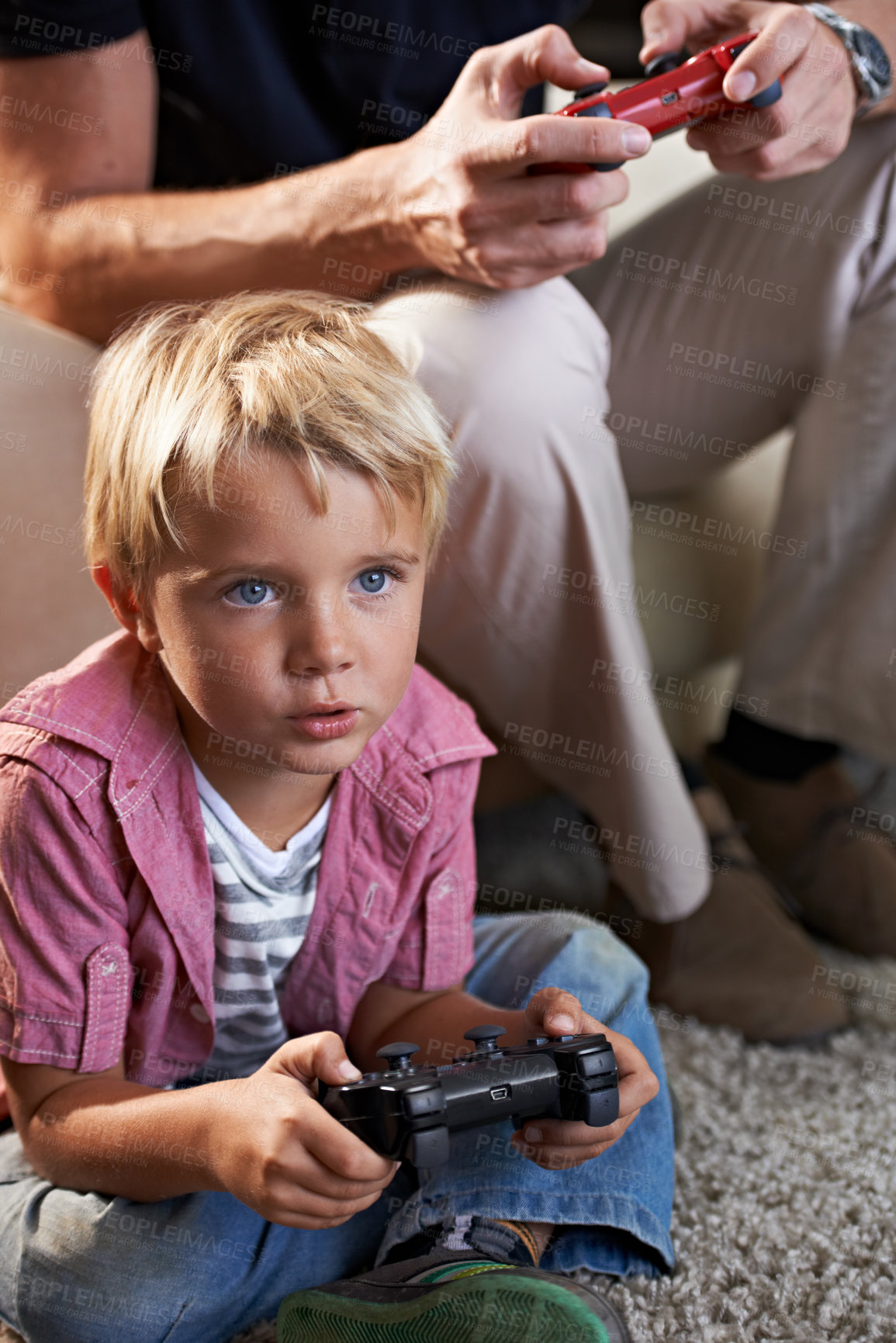 Buy stock photo Family, serious and boy child gaming on floor in living room of home with father for love, competition or child development. Video game, controller for next level and son gamer playing with dad