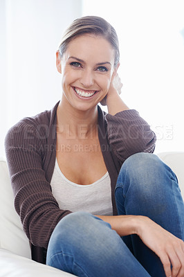 Buy stock photo Happy woman, relax and portrait in living room couch for positive, satisfaction and apartment. Leisure, calm or weekend with female person, home or joy, carefree or comfortable alone in sofa for rest