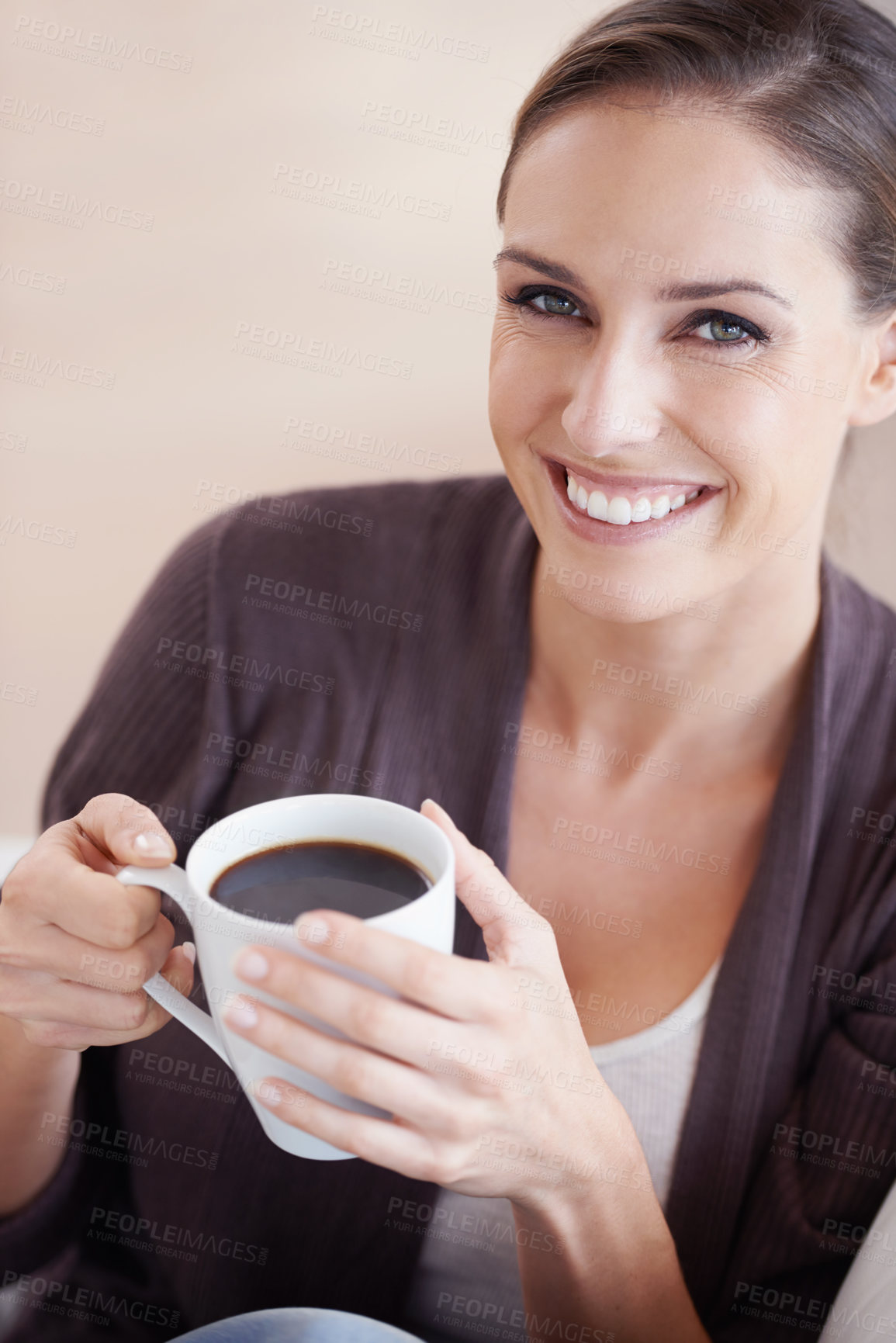 Buy stock photo Woman, smile in portrait and coffee, relax in apartment for comfort or morning routine with warm drink. Caffeine beverage, latte or espresso with happiness and chill at home with positive attitude
