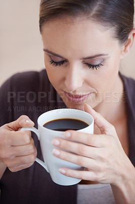 Buy stock photo Woman, coffee and aroma, relax in apartment for comfort or morning routine with warm drink. Caffeine beverage, latte or espresso smell with peace and calm for chill at home with positive attitude