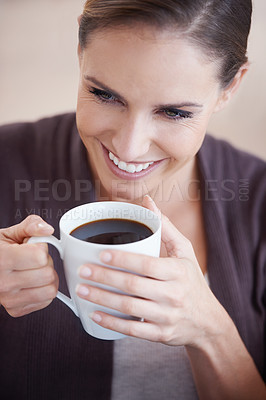 Buy stock photo Coffee, happy and above of woman in home with thoughtful, wondering face and relax. Morning, breakfast and person smile with mug drinking tea, caffeine and hot beverage in living room for wellness