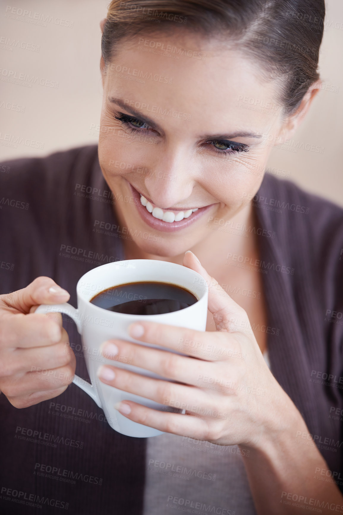 Buy stock photo Coffee, happy and above of woman in home with thoughtful, wondering face and relax. Morning, breakfast and person smile with mug drinking tea, caffeine and hot beverage in living room for wellness