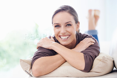 Buy stock photo Relax, sofa and portrait of woman in home for resting on weekend, free time and break in living room. Apartment, house and person lying, comfortable and chill on couch for peace, calm and wellness
