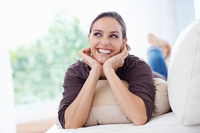 Buy stock photo Woman, happy and thinking in living room couch with idea, excited and good mood. Smile, resting and weekend with female person, house and joy, carefree and comfortable alone in sofa for rest
