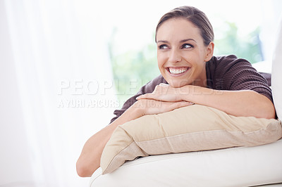 Buy stock photo Thinking, sofa and happy woman with idea in home for nostalgia, wondering and remember in living room. Smile, daydreaming and person on couch with thoughtful, contemplating and inspiration in house