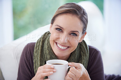 Buy stock photo Coffee, relax and portrait of woman in home for calm, wellness and peace on sofa in living room. Morning, breakfast and happy person with mug for drinking tea, caffeine and hot beverage in house