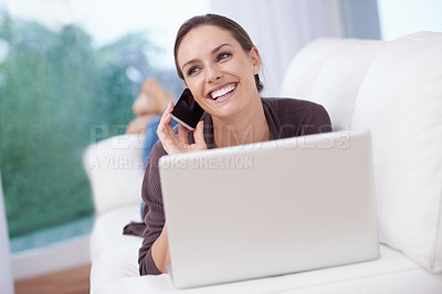 Buy stock photo Happy woman, phone call and laptop on sofa for remote work in communication or social media. Virtual, contact and person relax in home with networking on computer online and talking on smartphone