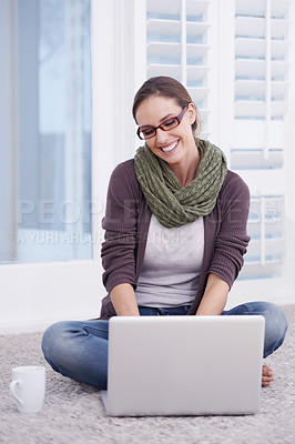 Buy stock photo Woman, laptop on living room floor and remote work with research, information and writing email for blog and copywriting. Productivity, coffee and happy working from home, freelancing and copywriter