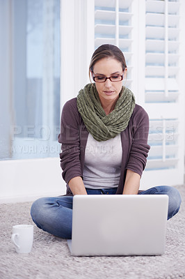 Buy stock photo Woman, laptop on floor and remote work with research, information and writing email for blog and copywriting. Productivity, coffee and employee working from home for freelancing copywriter and tech