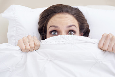 Buy stock photo Morning, face of shocked woman in bed and blanket to wake up, relax and getting ready to start day. Pillow, portrait and girl in bedroom with rest, wellness and comfort in hotel, home or apartment.