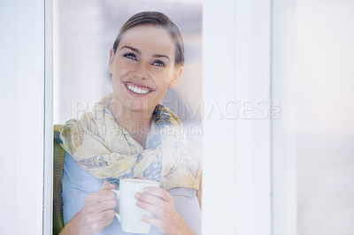 Buy stock photo Coffee, thinking and woman in window in home with thoughtful, wondering and relax. Morning, breakfast and face of happy person by glass with mug drinking tea, caffeine and hot beverage in house
