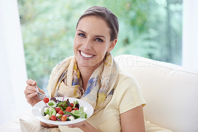 Buy stock photo Woman, eating salad and food for diet, vegetables and lunch with happiness in portrait. Nutrition, wellness and healthy vegan meal for cholesterol with smile, detox and snack for dinner at home
