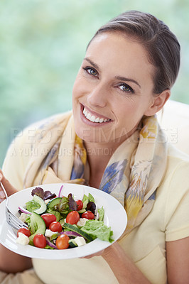 Buy stock photo Woman, smile with salad and healthy food for diet, vegetables and lunch with happiness in portrait. Nutrition, wellness and eating vegan meal to lose weight, detox and snack for dinner at home