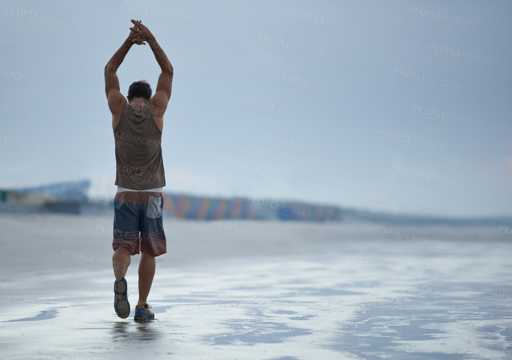 Buy stock photo Back, stretching and beach with man, fitness and vacation with summer break and morning. Person, ocean and guy with holiday and seaside with with exercise, peaceful and water with health and wellness