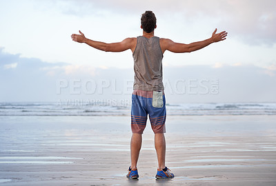 Buy stock photo Back, arms raised and man with vacation, journey and travel with summer break and tropical island getaway. Person, seaside and guy with freedom or fitness with wellness, adventure and morning routine