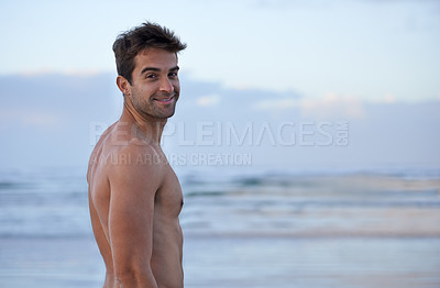 Buy stock photo Portrait, muscular and beach with man, vacation and adventure with tropical island getaway and summer break. Face, seaside or person with smile or shirtless with journey, holiday or ocean with travel