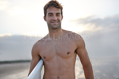 Buy stock photo Beach, happy and portrait of man with surfboard for waves on summer vacation, weekend and holiday by sea. Surfing, nature and face of person by ocean for water sports, adventure and fun in Australia