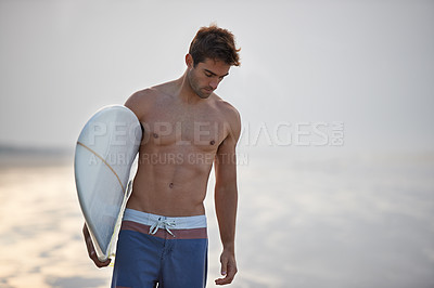 Buy stock photo Nature, surfing and man with surfboard at beach for, waves on summer vacation, weekend and holiday by sea. Travel, walking and person by ocean for water sports, adventure and hobby in Australia
