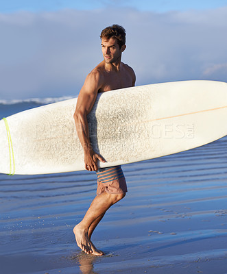 Buy stock photo Running, surfing and man with surfboard at beach for, waves on summer vacation, weekend and holiday by sea. Travel, nature and happy person by ocean for water sports, adventure and hobby in Australia