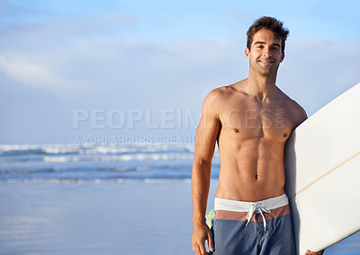 Buy stock photo Man, portrait and beach with surfboard for waves, exercise or outdoor hobby in fitness, surfing or practice. Male person or surfer with board for training at seaside or water by ocean coast in nature