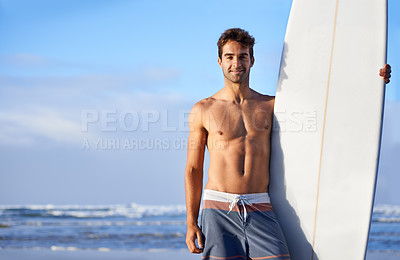 Buy stock photo Beach, surfing and portrait of happy man with surfboard for, waves on summer vacation, weekend and holiday. Travel, nature and face of person by ocean for water sports, adventure and fun in Australia