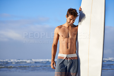 Buy stock photo Happy, surfing and man with surfboard at beach for, waves on summer vacation, weekend and holiday by sea. Travel, nature and person by ocean for water sports, adventure and fun hobby in Australia