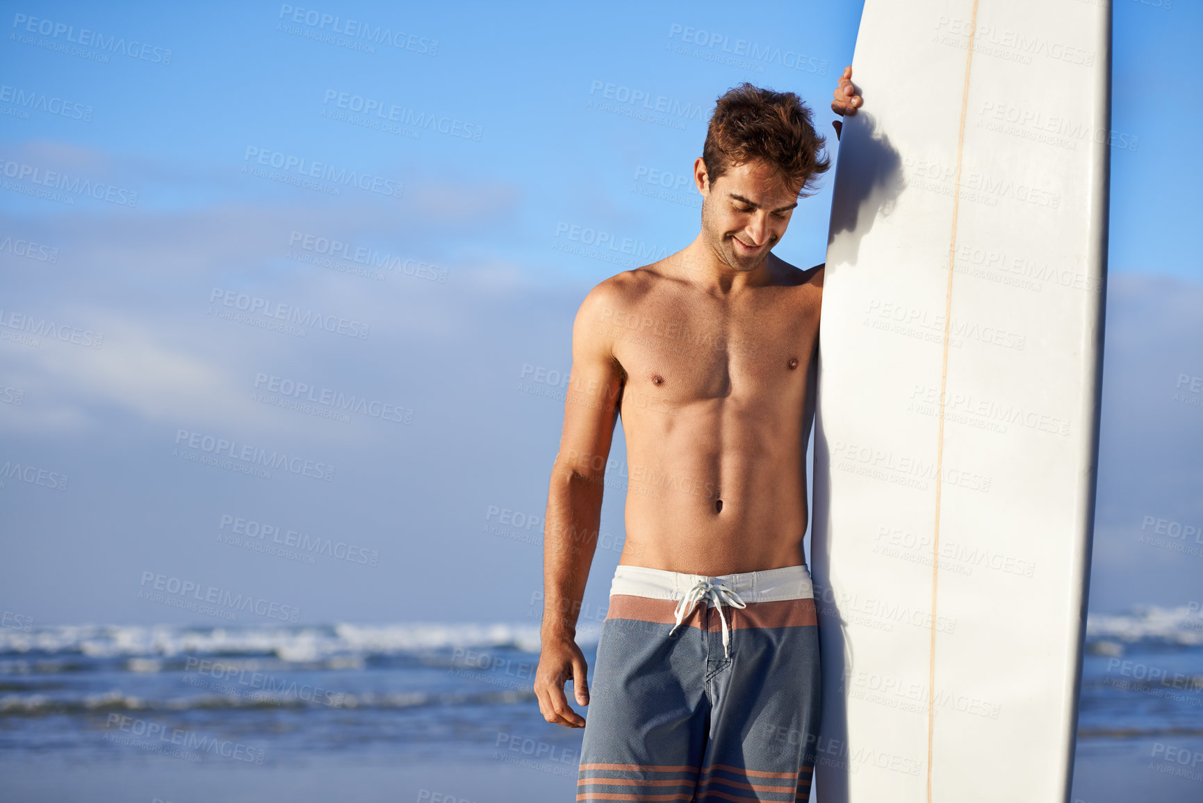 Buy stock photo Happy, surfing and man with surfboard at beach for, waves on summer vacation, weekend and holiday by sea. Travel, nature and person by ocean for water sports, adventure and fun hobby in Australia